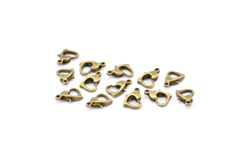 10mm Heart Clasp, 24 Antique Brass Heart Lobster Clasps, Findings (10x7mm) A1024