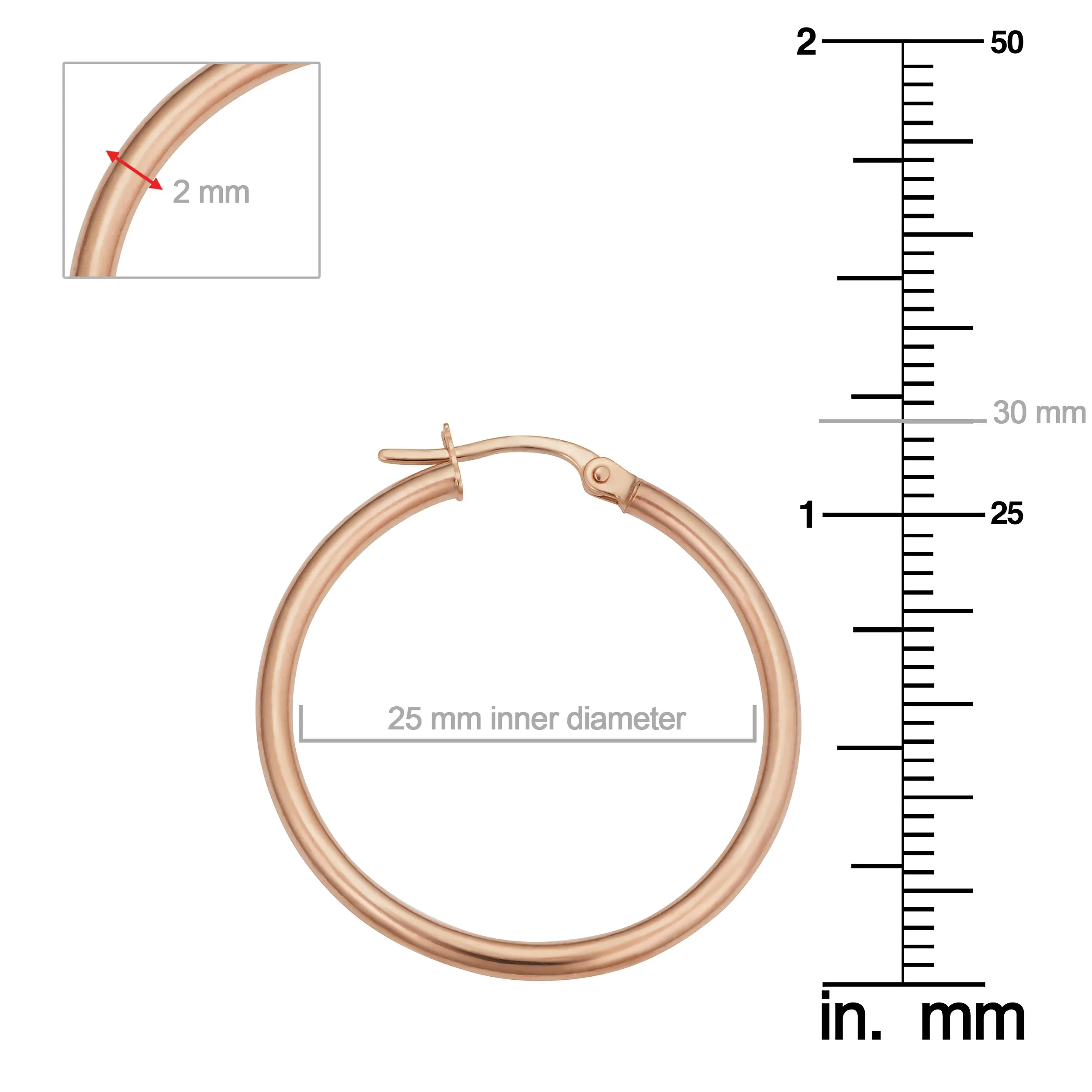 14k Rose Gold 2x25mm Polished Hoop Earrings