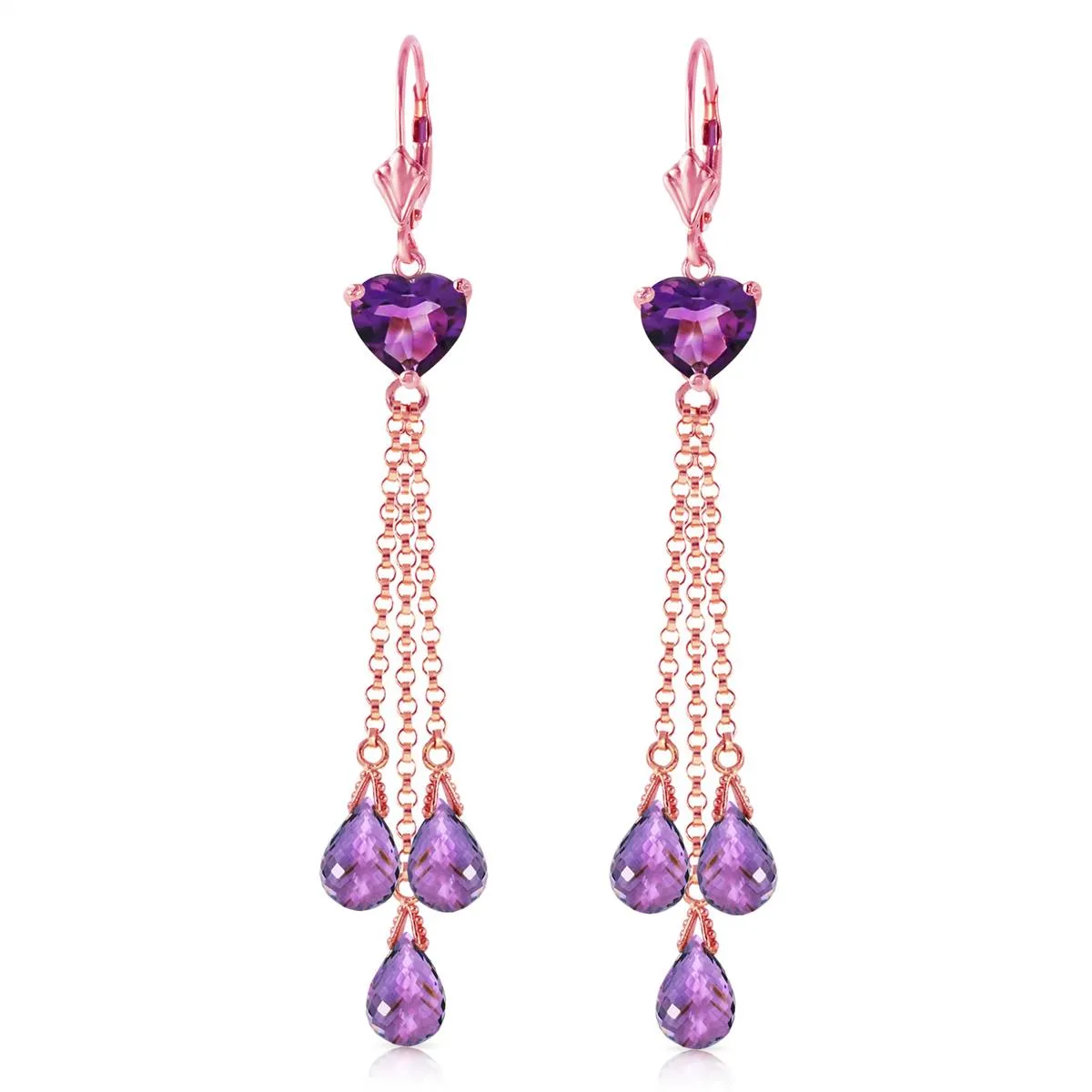 14K Solid Rose Gold Chandelier Earrings w/ Briolette Amethyst