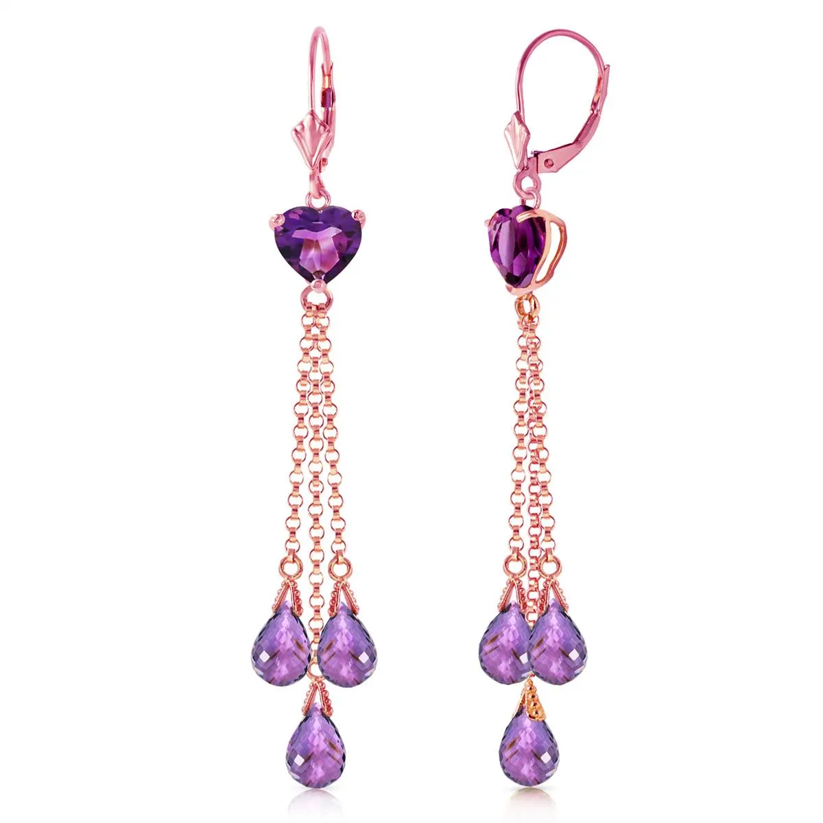 14K Solid Rose Gold Chandelier Earrings w/ Briolette Amethyst