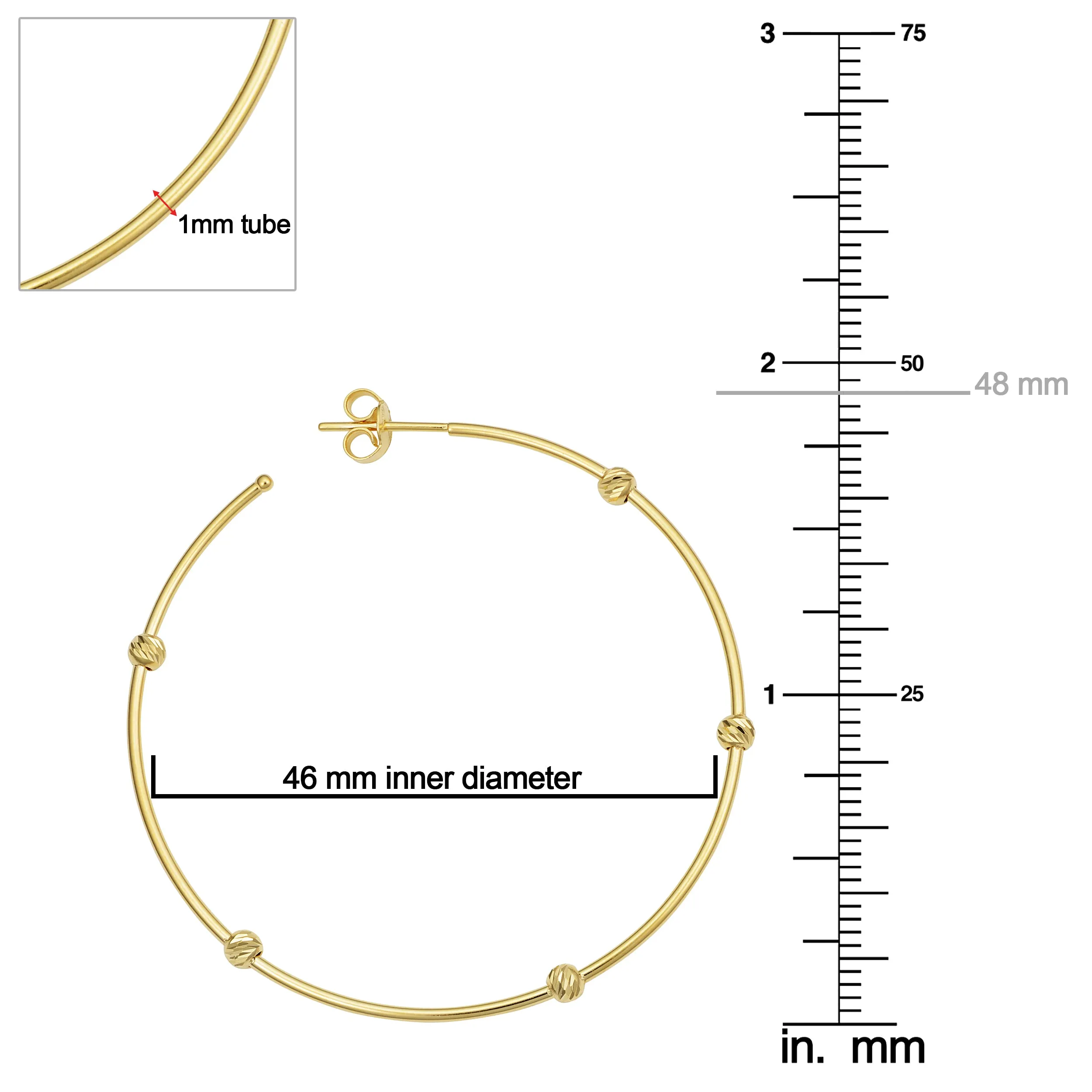 14k Yellow Gold Diamond-Cut Bead Station Open Hoop Earrings