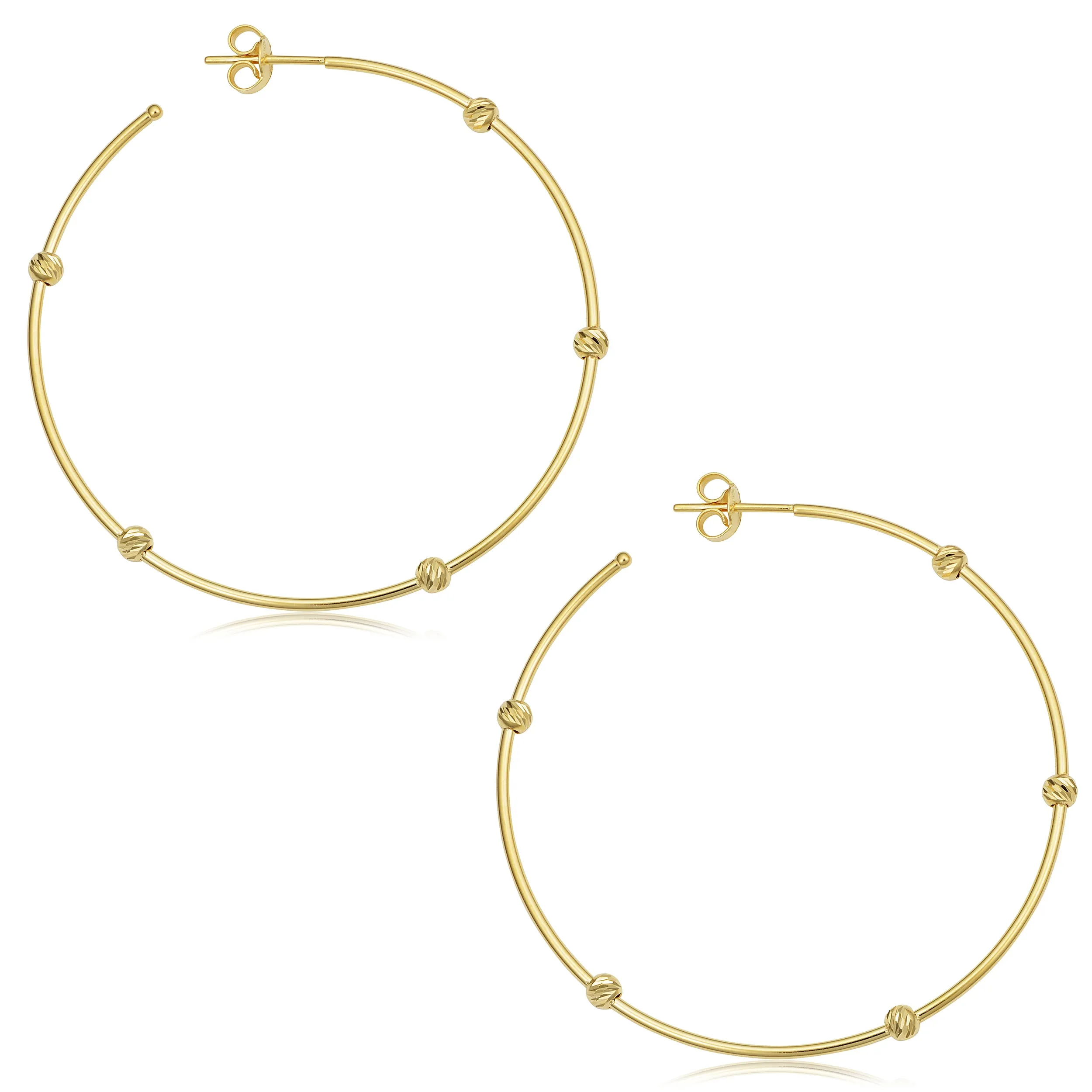 14k Yellow Gold Diamond-Cut Bead Station Open Hoop Earrings