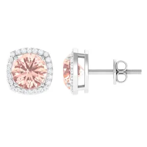 1.75 CT Elegant Morganite Stud Earrings with Diamond Halo