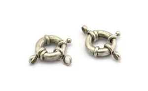 17mm Spring Ring Clasps, 2 Antique Silver Plated Brass Round Spring Ring Clasps with 2 Loops (17mm) BS 2361