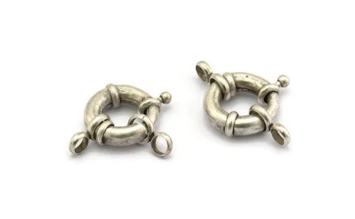 17mm Spring Ring Clasps, 2 Antique Silver Plated Brass Round Spring Ring Clasps with 2 Loops (17mm) BS 2361