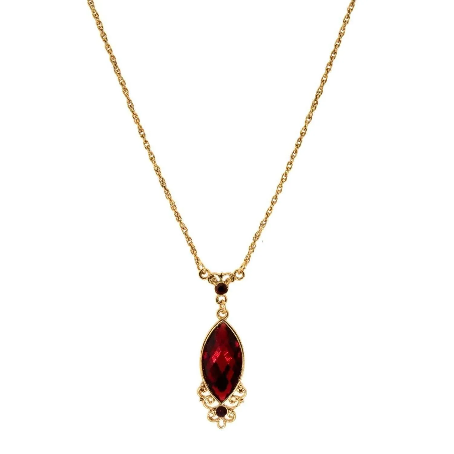 1928 Jewelry Alluring Siam Red Filigree Pendant Necklace 16"   3" Extender