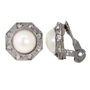 1928 Jewelry Faux Pearl Crystal Round Button Clip On Earrings