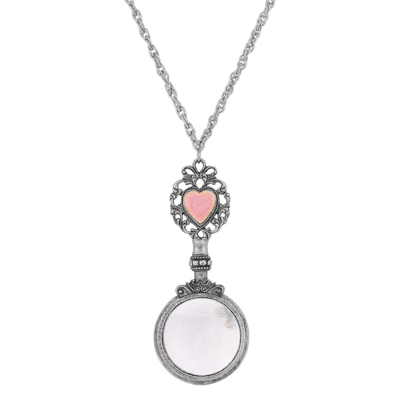 1928 Jewelry Pink Heart Magnifying Glass Necklace 28" - Magnification Power: 2-3X