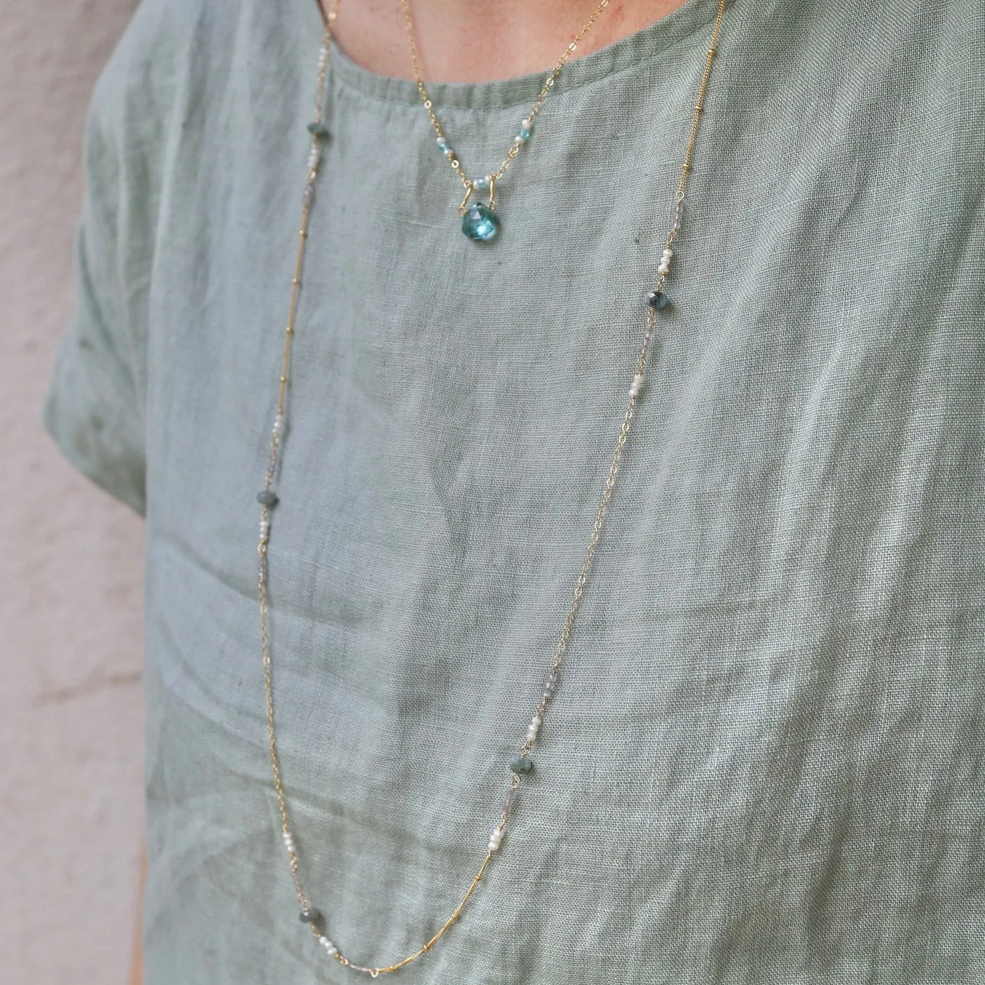 36" Mixed Gold Filled Chain with Stations of Aquamarine Necklace