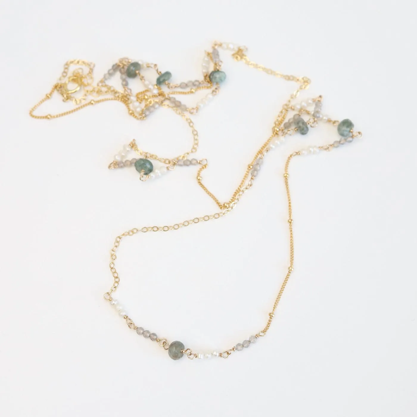 36" Mixed Gold Filled Chain with Stations of Aquamarine Necklace