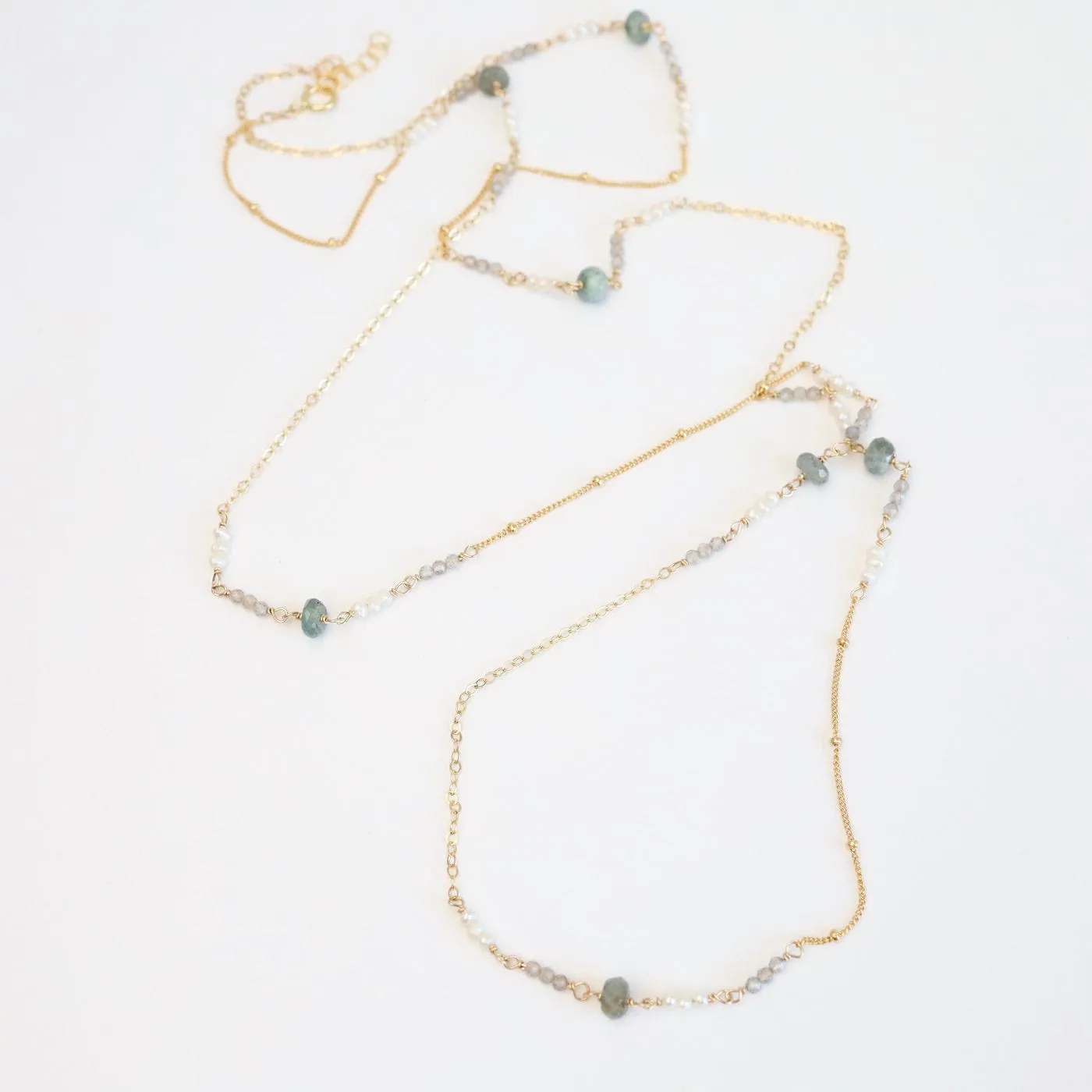 36" Mixed Gold Filled Chain with Stations of Aquamarine Necklace