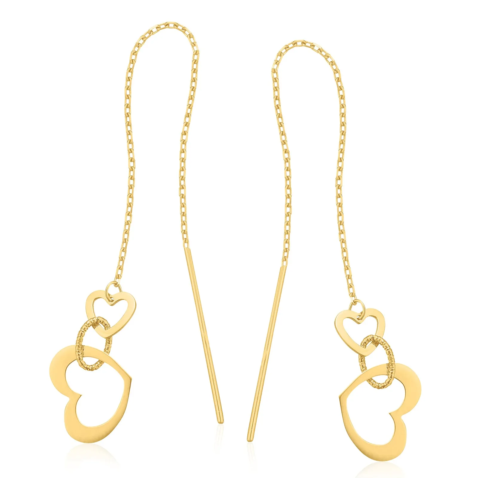 9ct Yellow Gold Thread Double Heart Drop Earrings