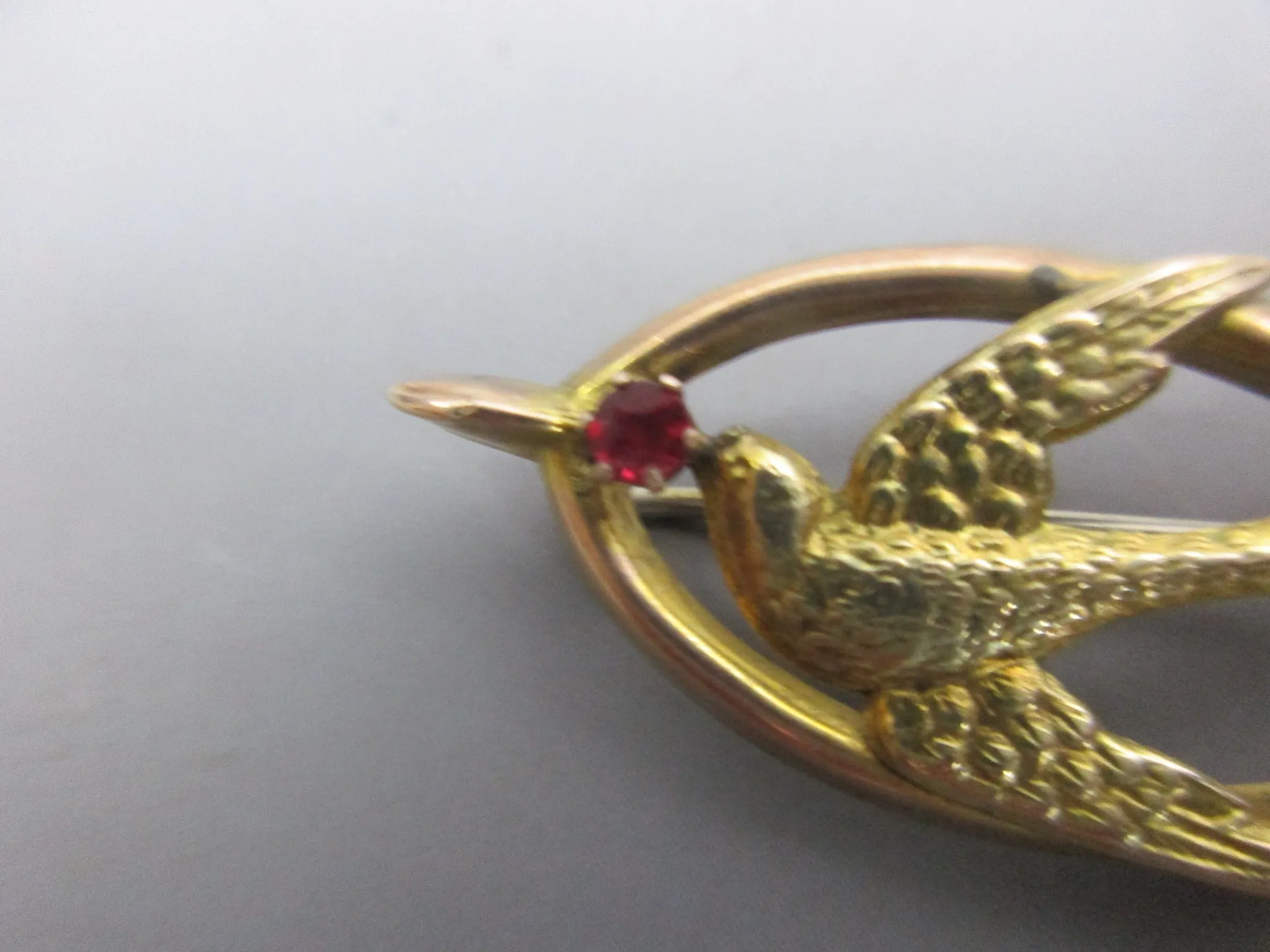 9K Gold And  Garnet Paste Swallow In Lucky Wishbone Sweetheart Brooch Antique Edwardian c1914