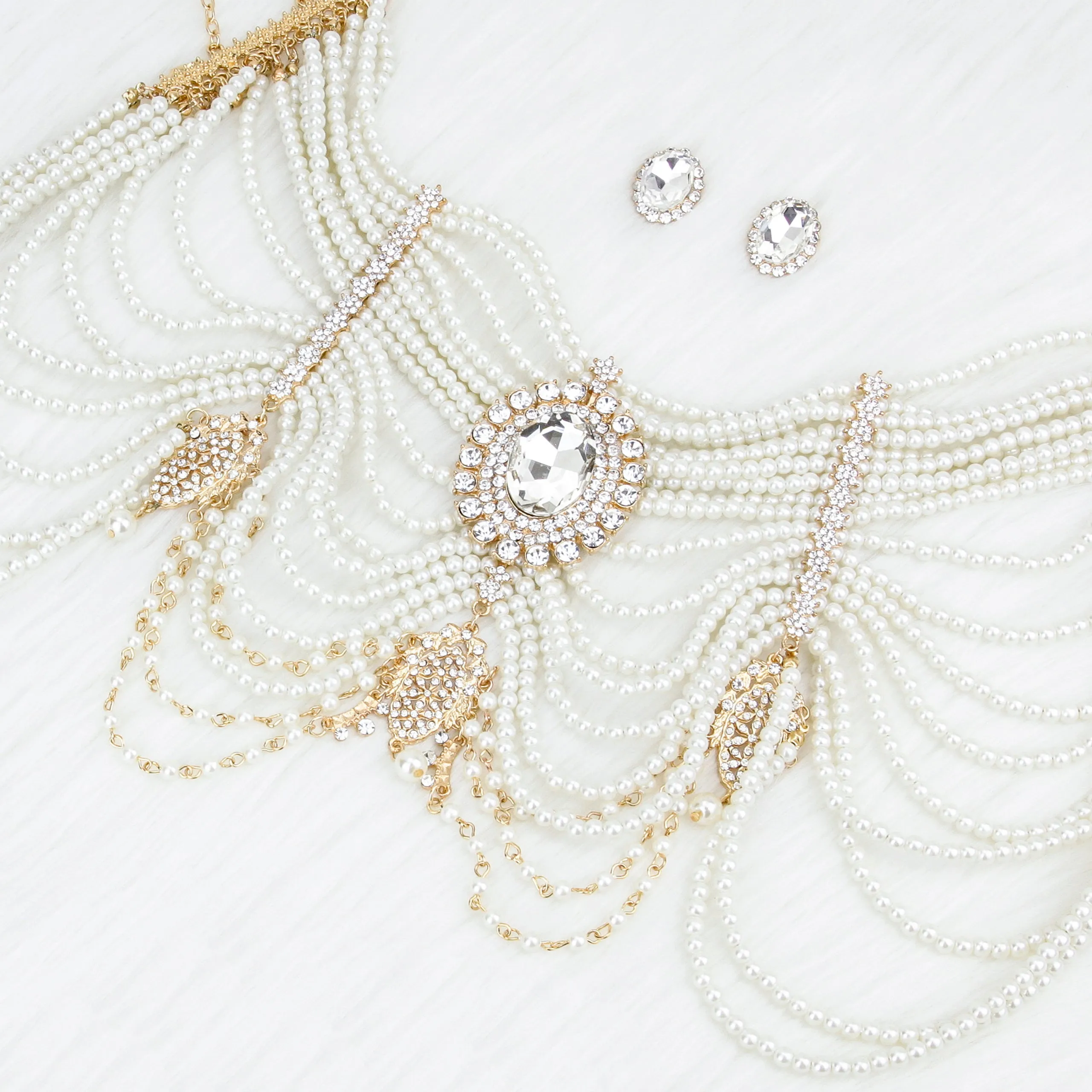 Adeline Pearl & Rhinestone Bib Necklace & Earring Set