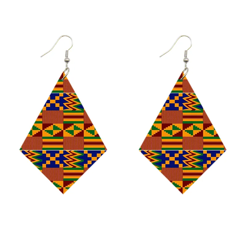 African Print Earrings | Rhombus shaped Kente print wooden earrings