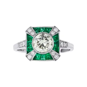 Art Deco Style Diamond and Emerald Engagement Ring