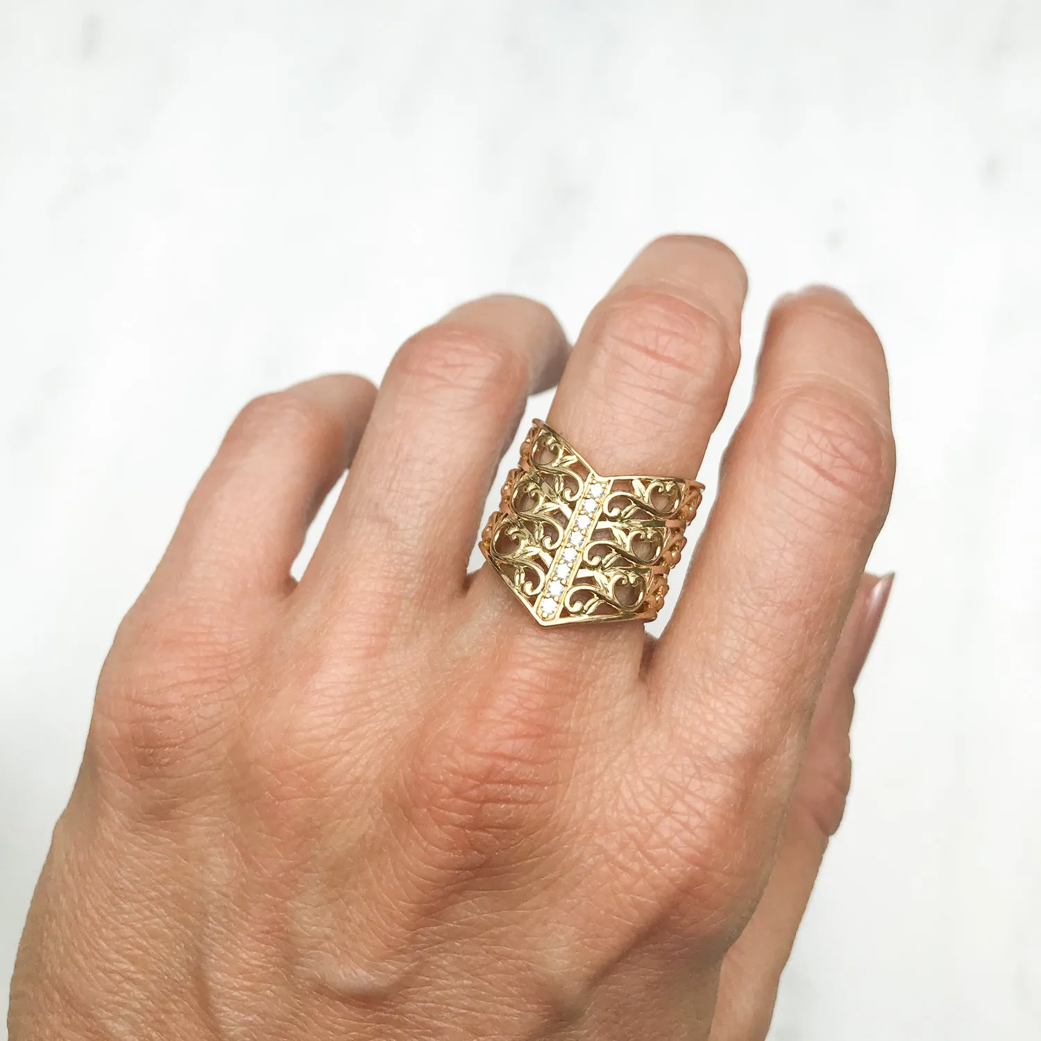 Artisan Filigree Ethical Gold & Diamonds Wishbone Jacket Ring