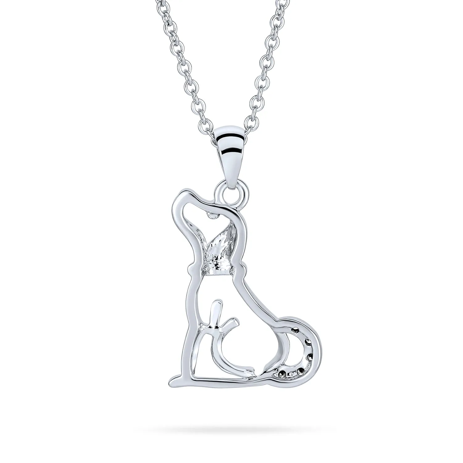 BFF Best Friend CZ Accent Puppy Dog Pendant Necklace Silver Plated