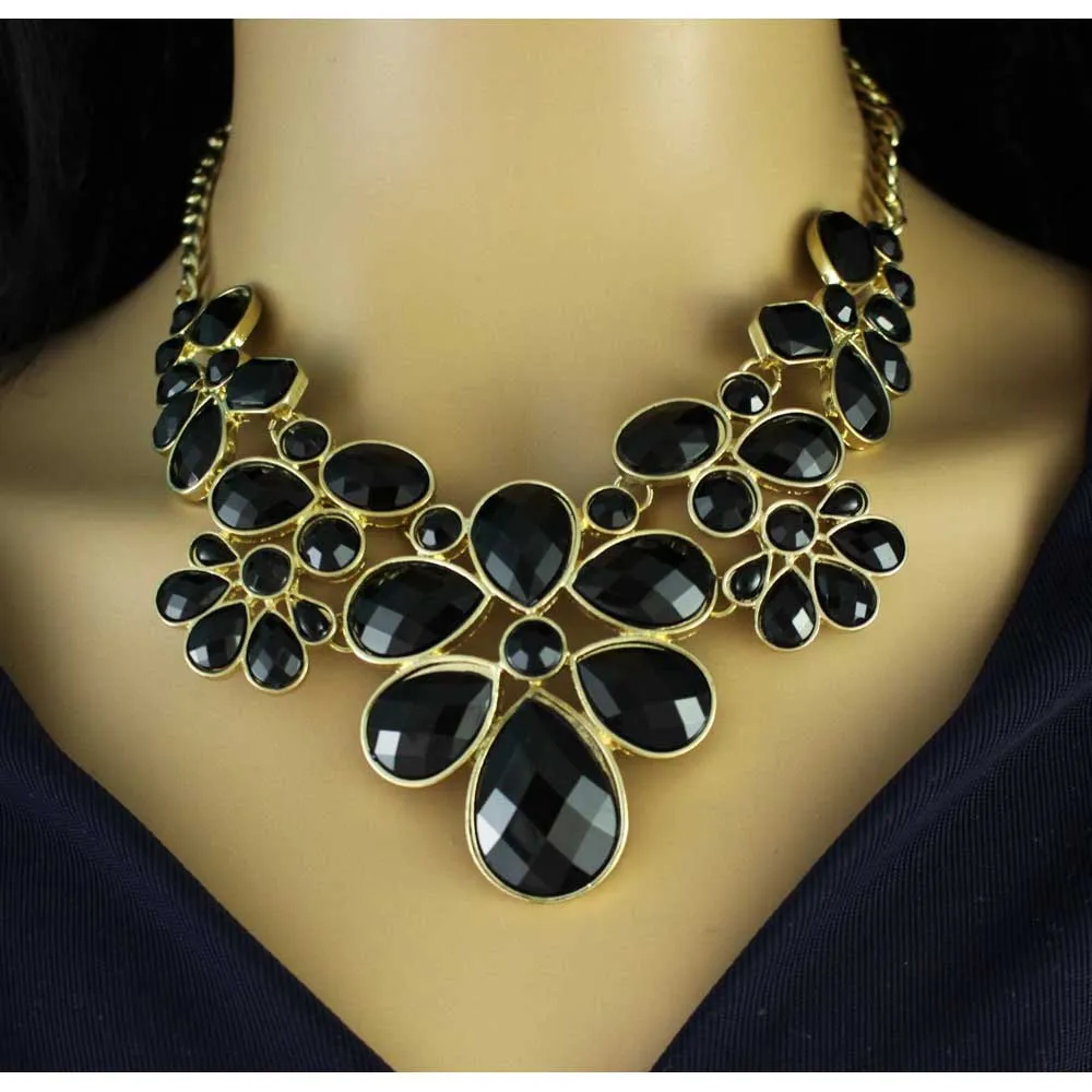 Black Flowers Trimmed in Gold Necklace - FN516