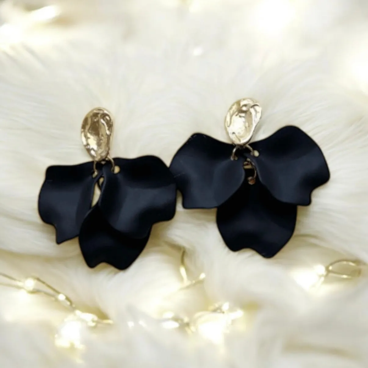 Black - Pure black flower earrings | matte textured petals earrings | golden disc geometric floral earrings | bridal wedding party earrings