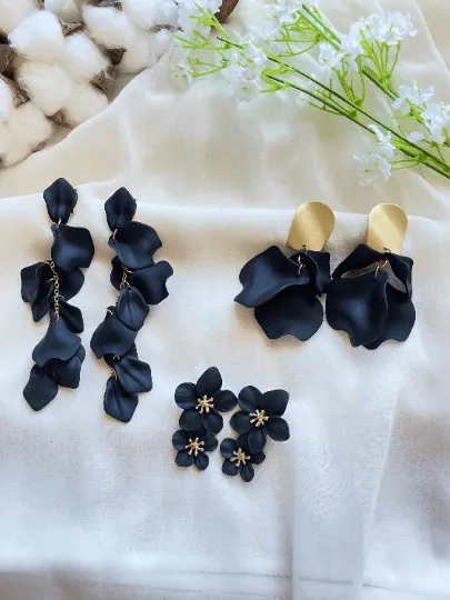 Black - Pure black flower earrings | matte textured petals earrings | golden disc geometric floral earrings | bridal wedding party earrings