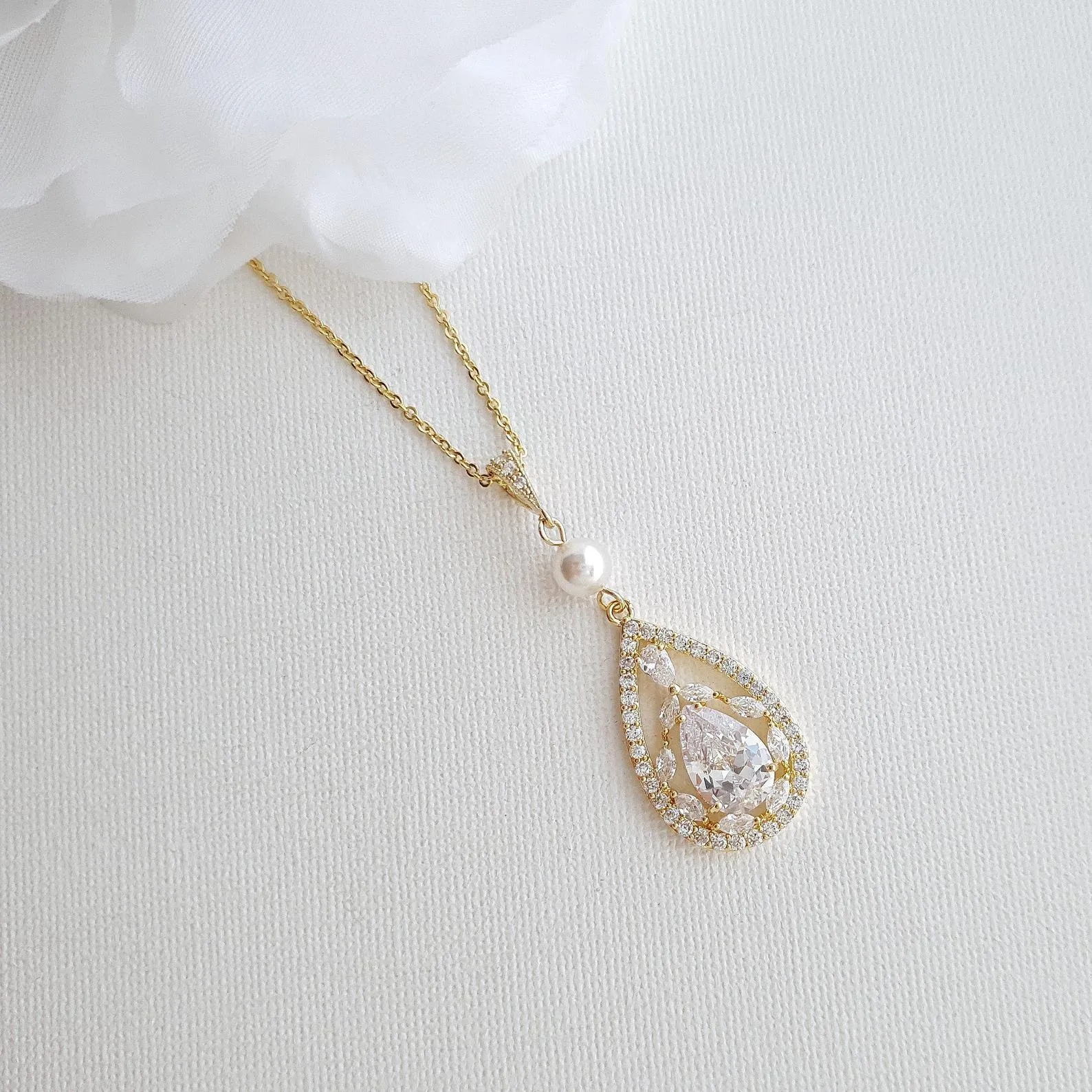 Bridal Pendant Necklace with Teardrop CZ Crystals-Esther