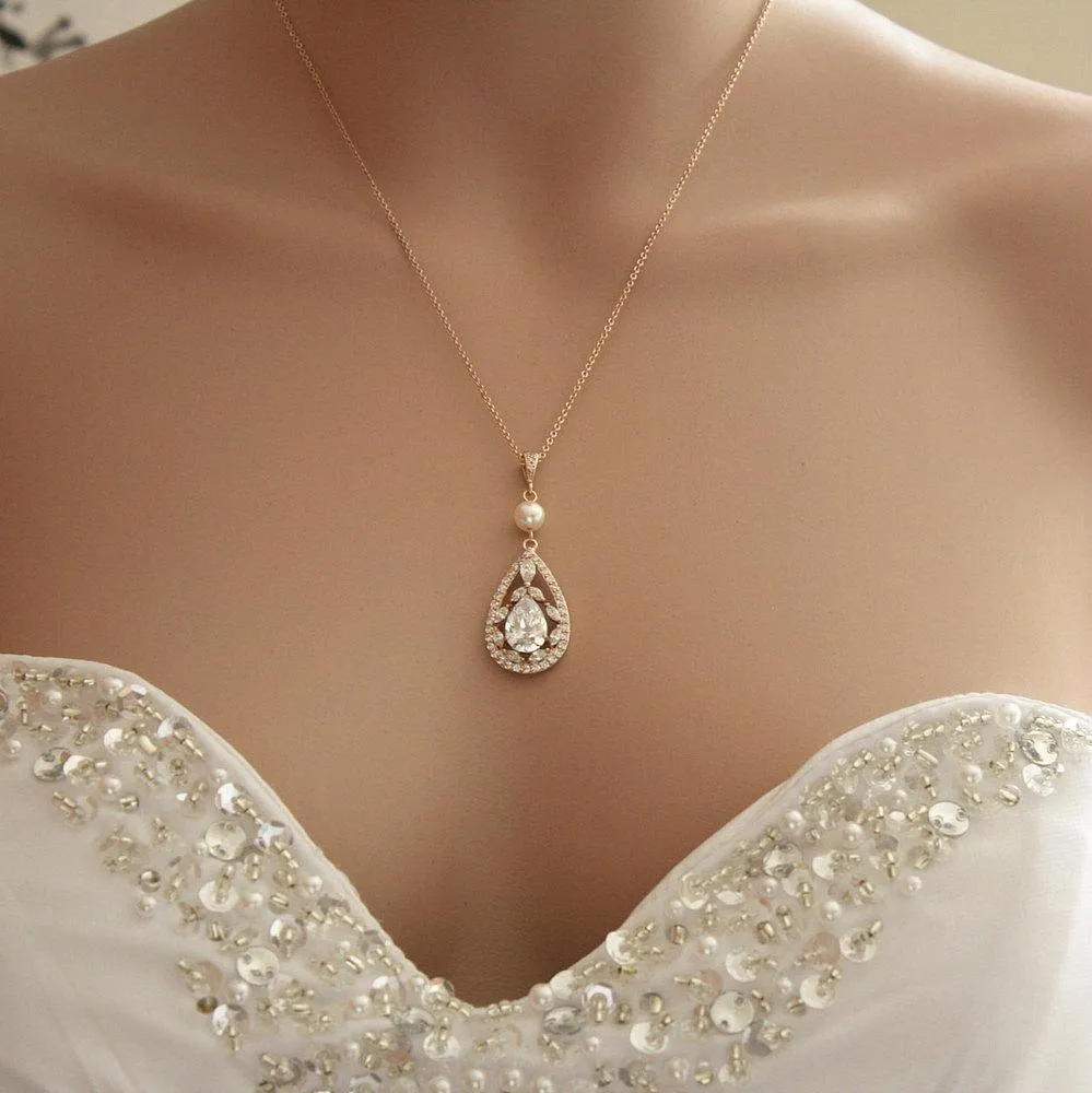 Bridal Pendant Necklace with Teardrop CZ Crystals-Esther