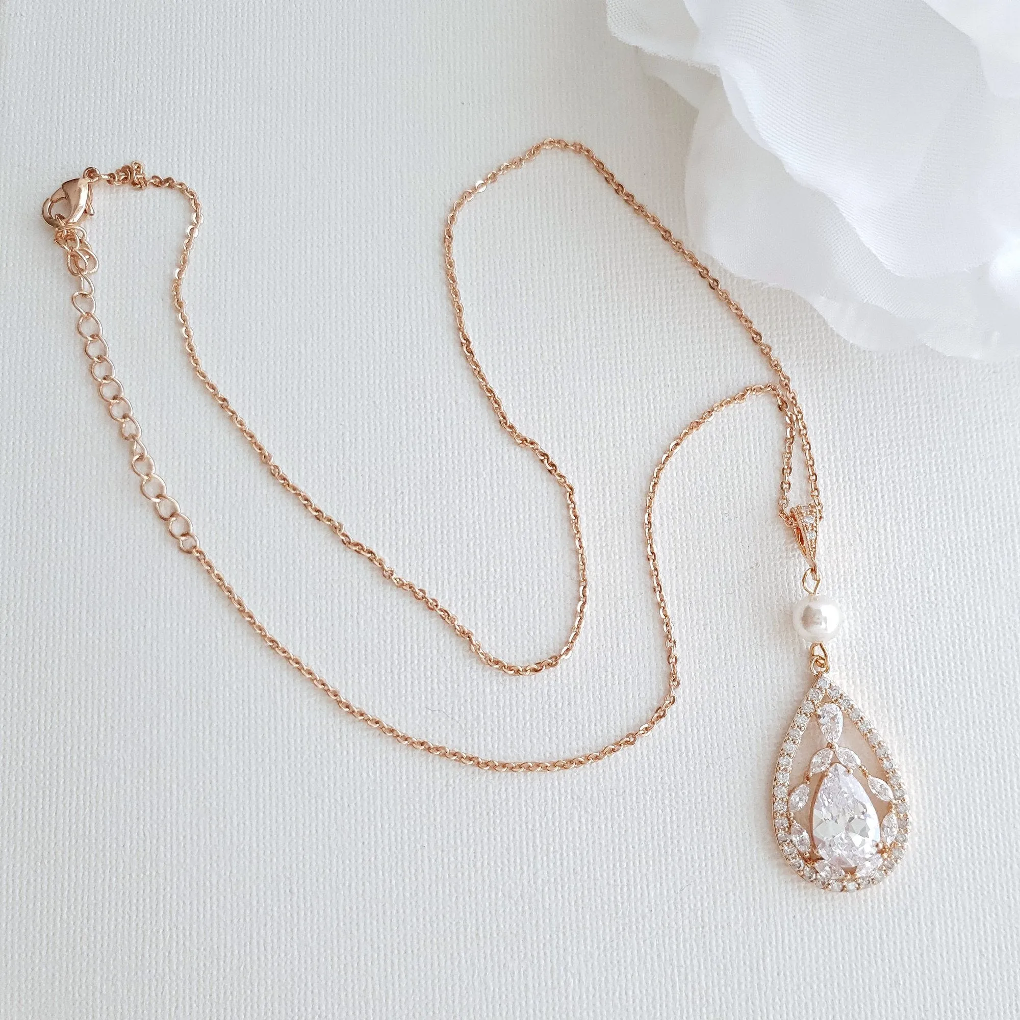 Bridal Pendant Necklace with Teardrop CZ Crystals-Esther