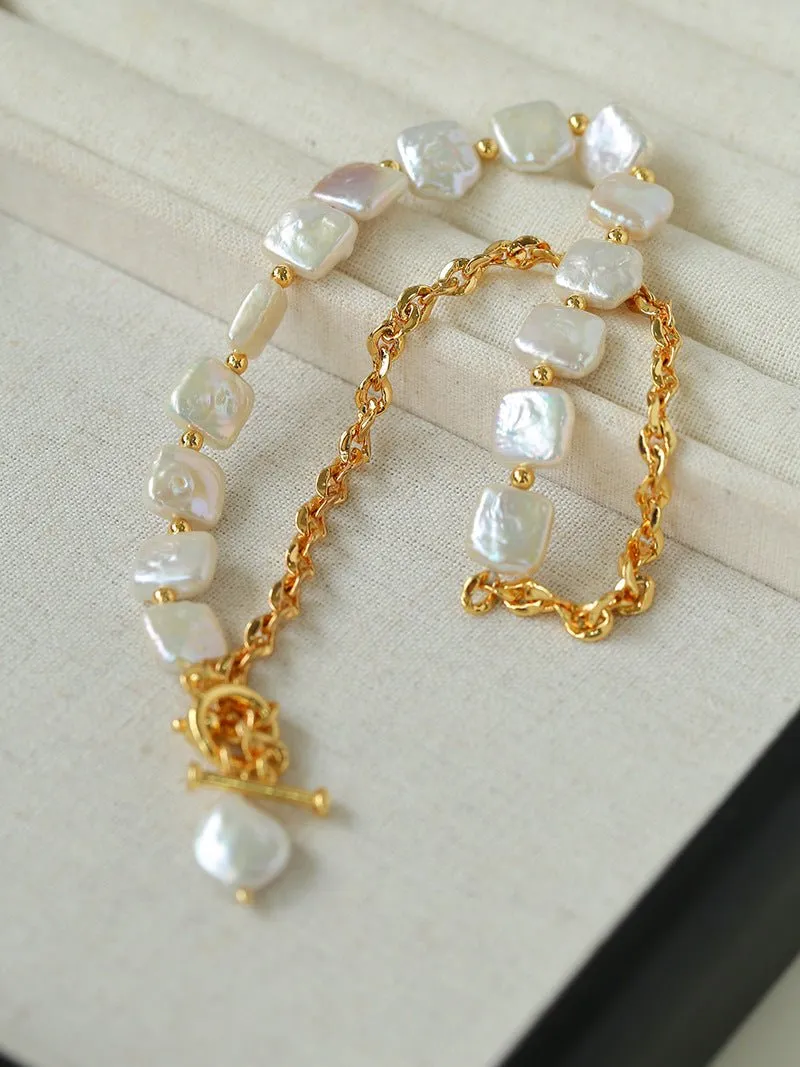 Chain Stitching Square Baroque Pearl Y Shaped Necklace