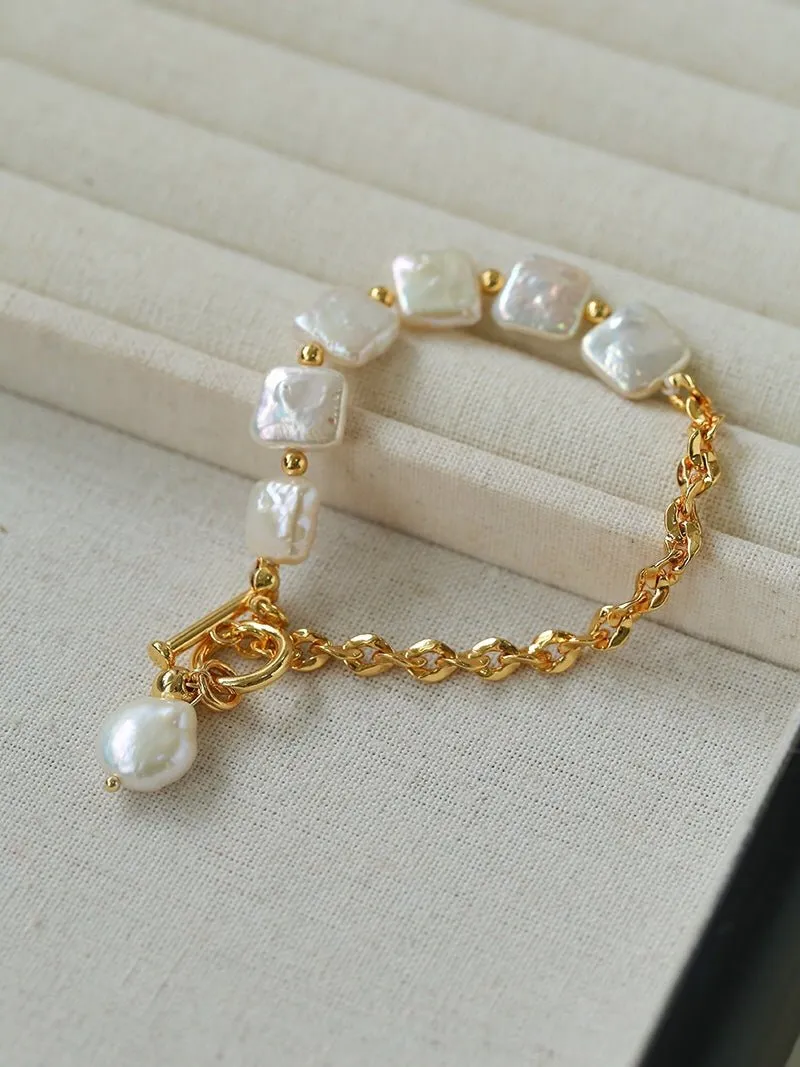 Chain Stitching Square Baroque Pearl Y Shaped Necklace