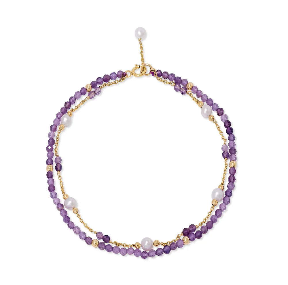 Clara fine double chain bracelet with cultured freshwater pearls & amethyst