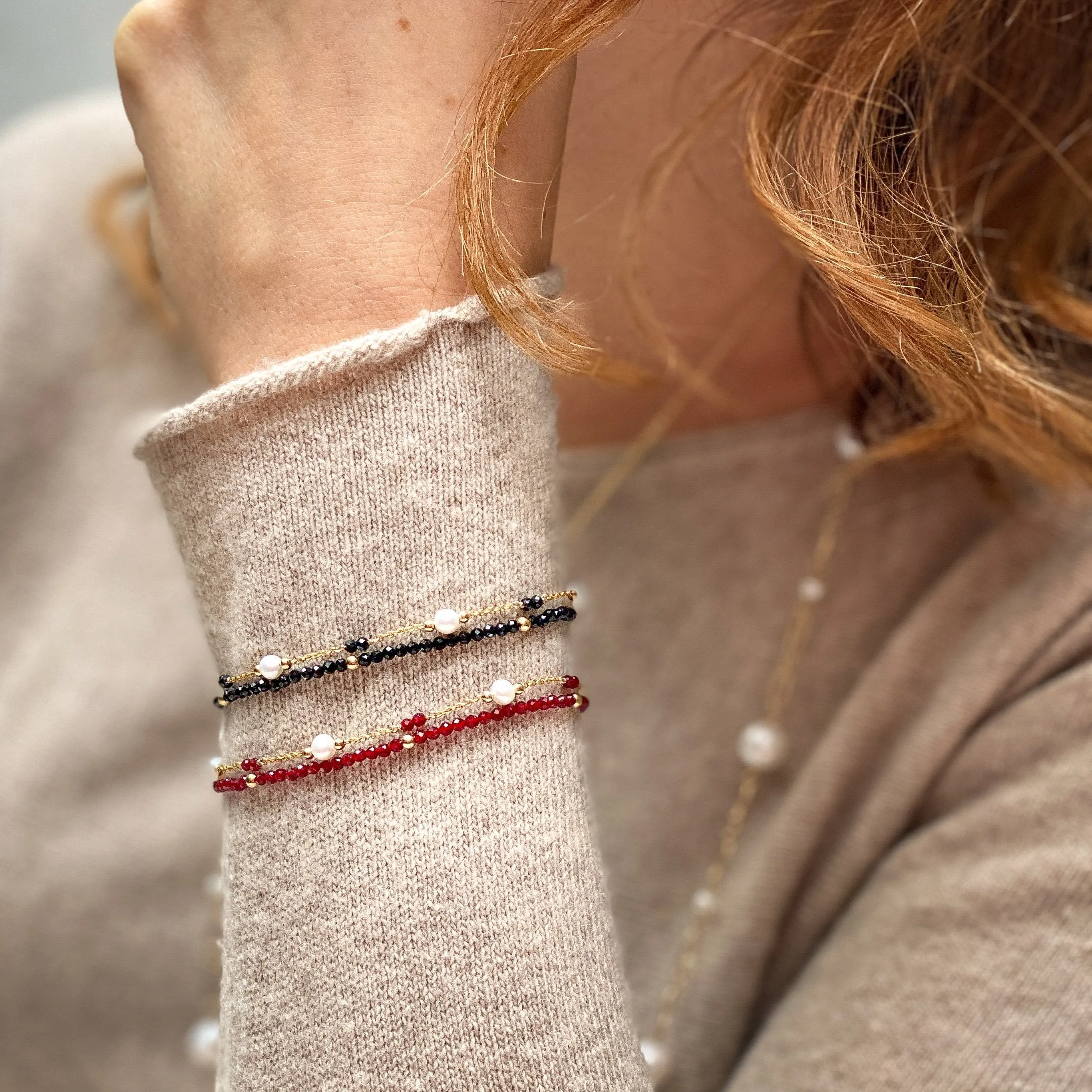 Clara fine double chain bracelet with cultured freshwater pearls & red spinel