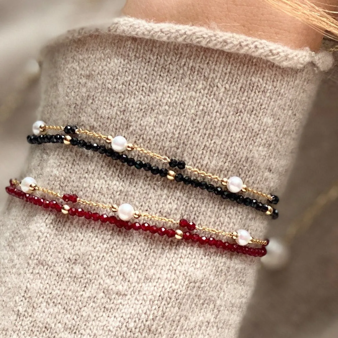 Clara fine double chain bracelet with cultured freshwater pearls & red spinel