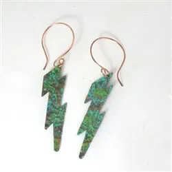 Copper Lighting Bolt Earrings Hand Finished Rainbow Patine