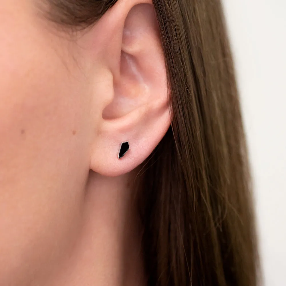 CUSTOM CUT KITE SHAPE BLACK ONYX STUD EARRINGS MINIMALIST GEOMETRIC WHITE GOLD