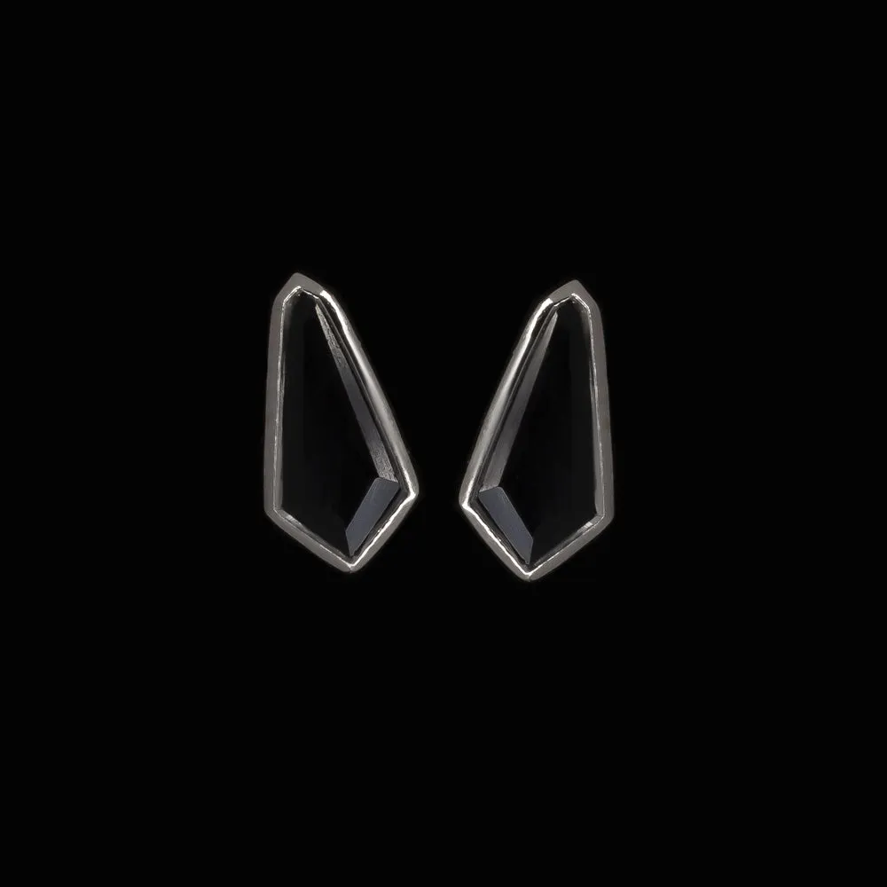 CUSTOM CUT KITE SHAPE BLACK ONYX STUD EARRINGS MINIMALIST GEOMETRIC WHITE GOLD