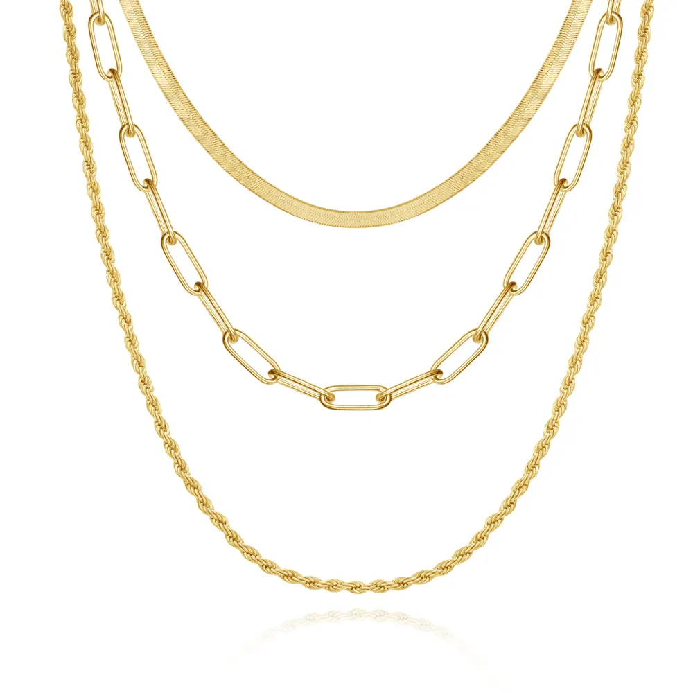 Dainty 14K Gold Layered Necklaces- Snake Rope Paperclip Chain