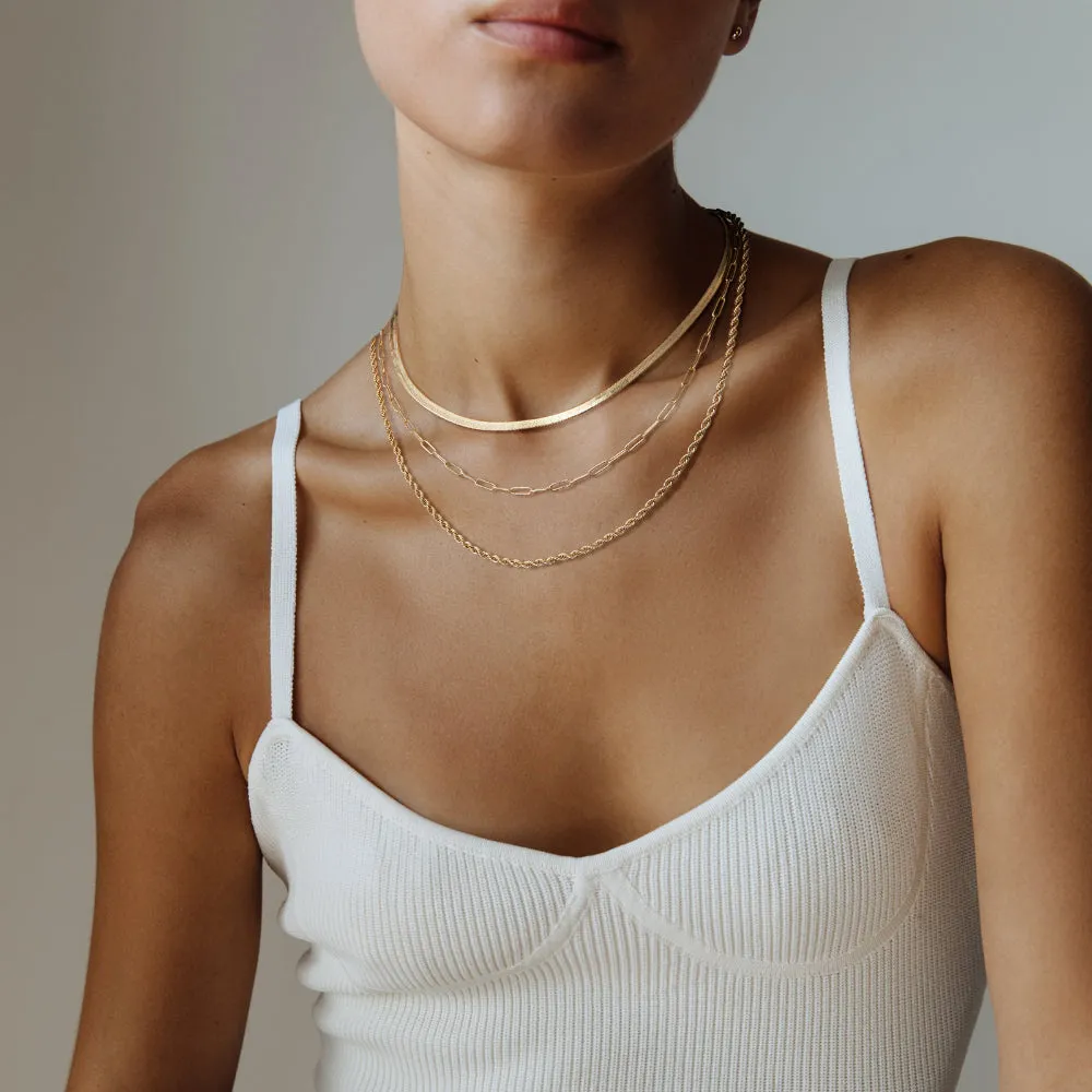 Dainty 14K Gold Layered Necklaces- Snake Rope Paperclip Chain