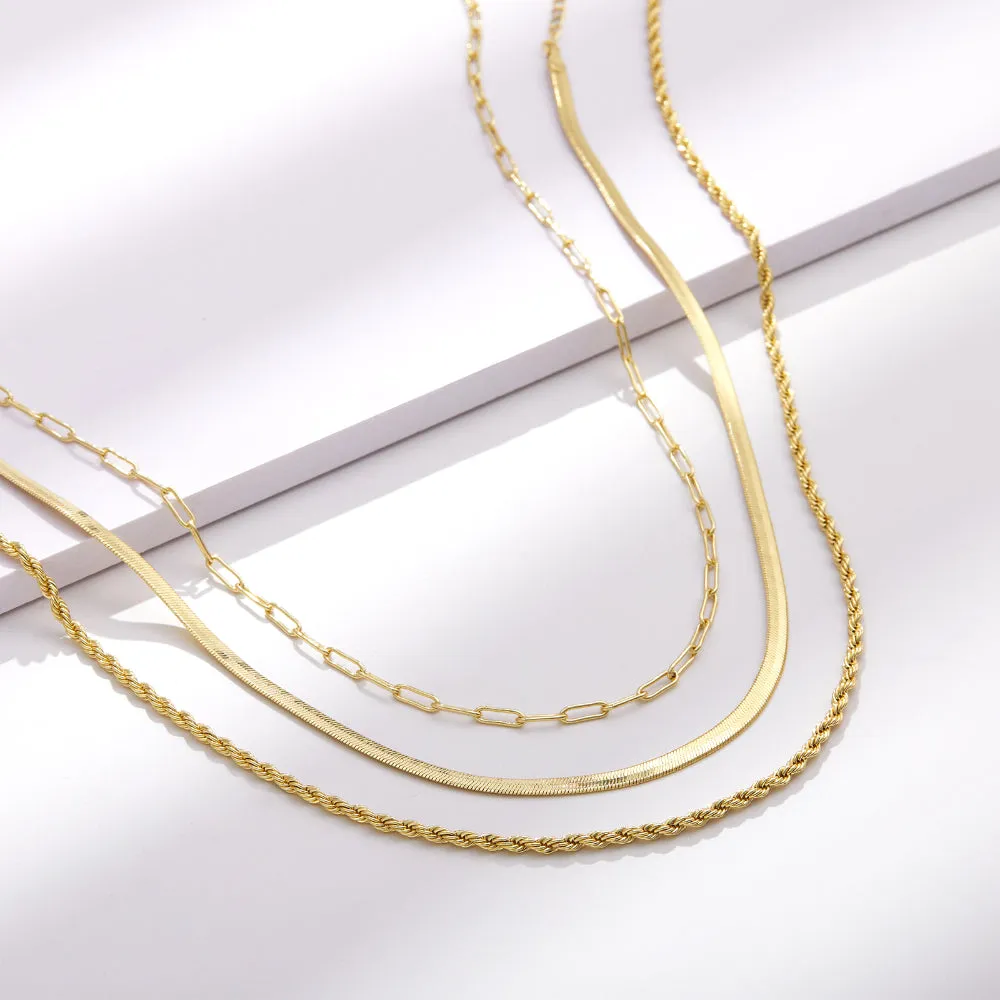 Dainty 14K Gold Layered Necklaces- Snake Rope Paperclip Chain