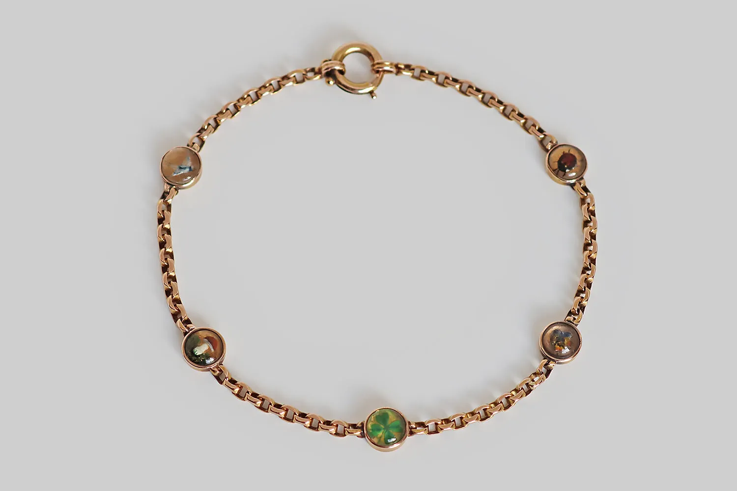 Dainty Victorian Era Lucky Charms Faceted Link Essex Crystal Bracelet in 14k Gold