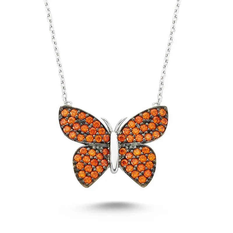 Delicate Orange Butterfly Silver Necklace With Pendant