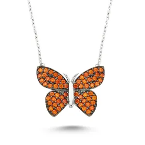 Delicate Orange Butterfly Silver Necklace With Pendant