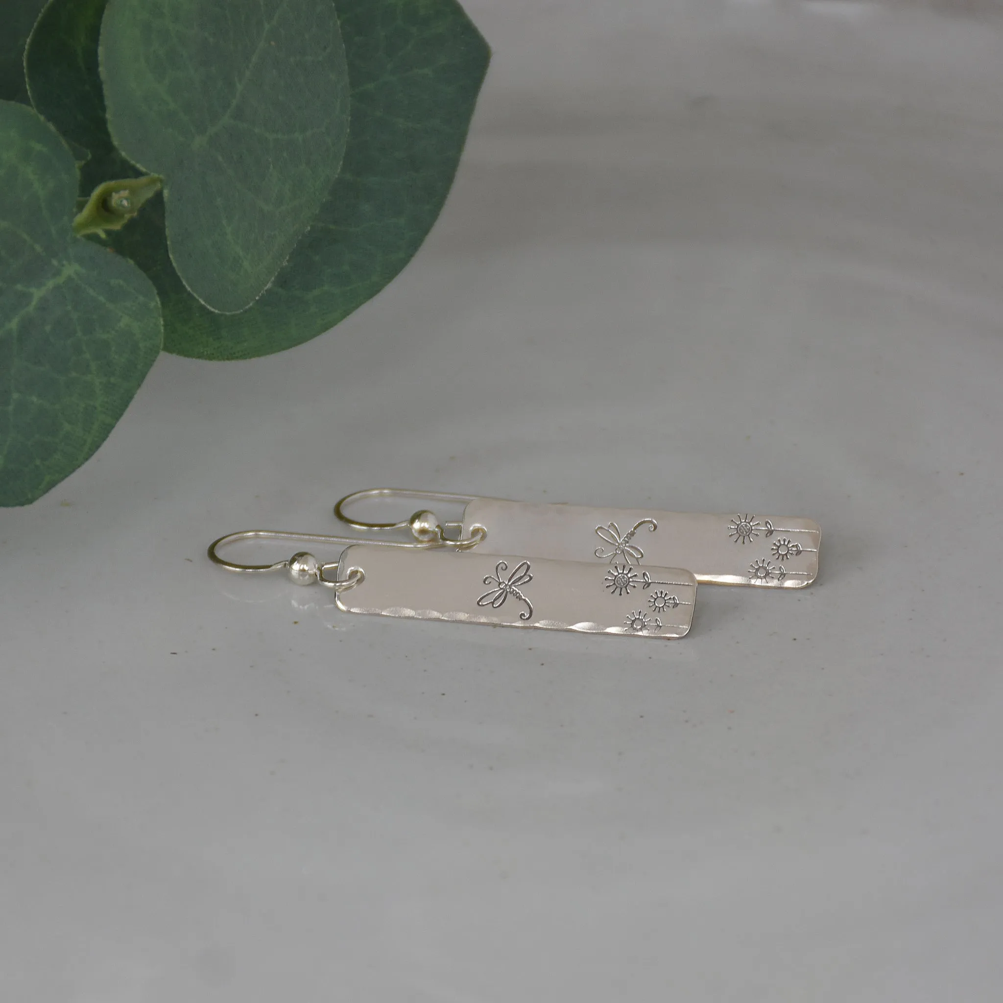 Dragonfly Garden Earrings - Sterling Silver Stamped Rectangle