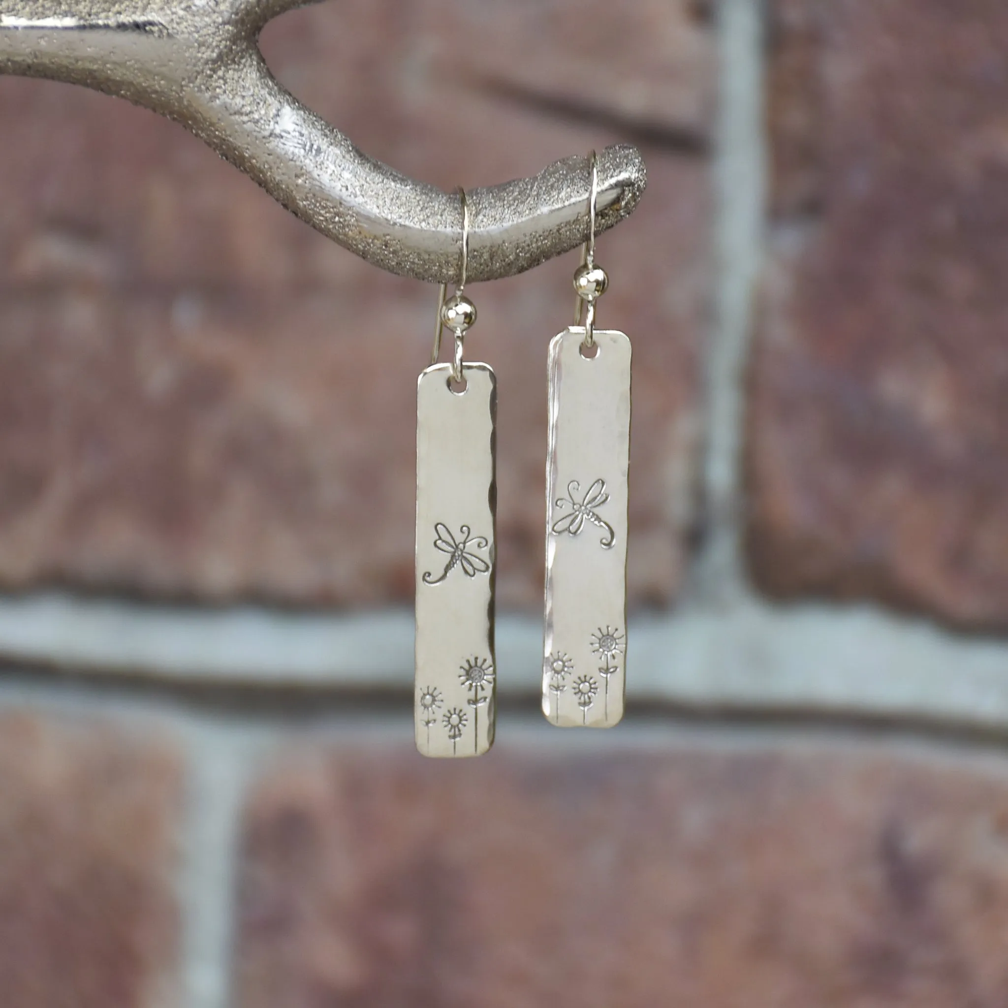 Dragonfly Garden Earrings - Sterling Silver Stamped Rectangle