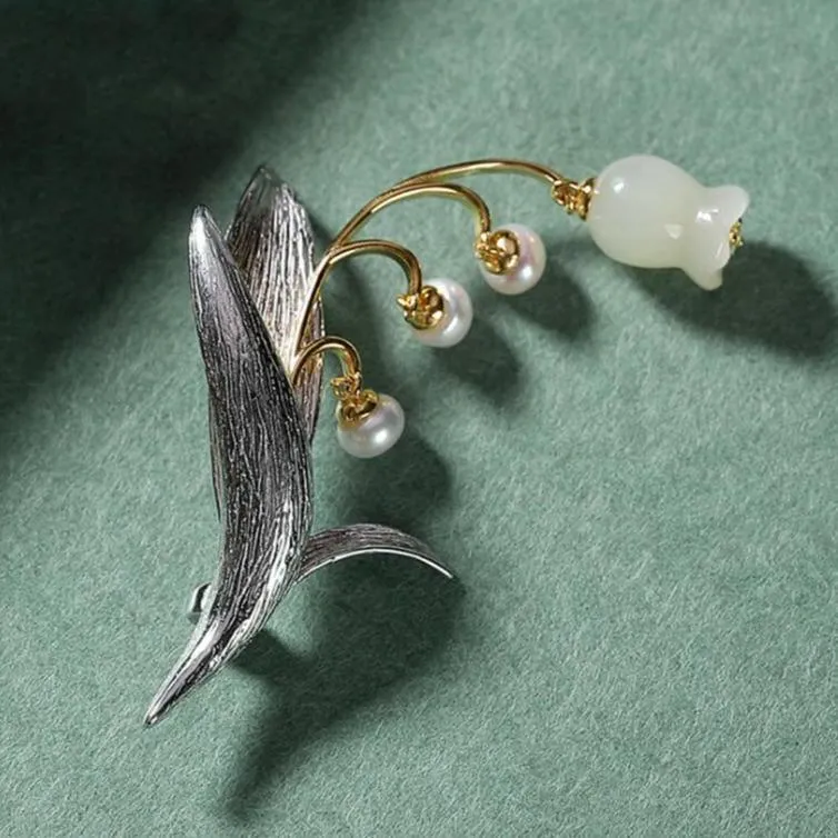 Dual-Use Natural Jade and Pearl Lily of the Valley Brooch/Pendant