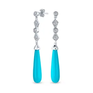 Elegant Dangle Gemstone Earrings with CZ and Turquoise in Sterling Silver