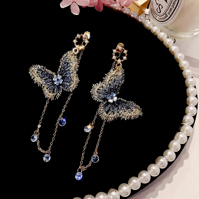 Elegant Embroidery Butterfly Tassel Earrings