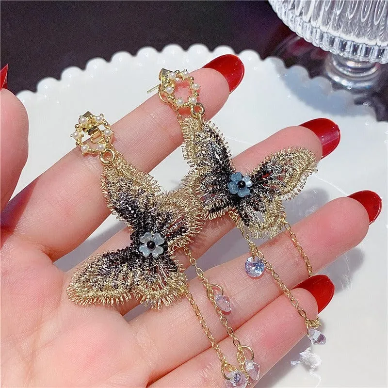 Elegant Embroidery Butterfly Tassel Earrings