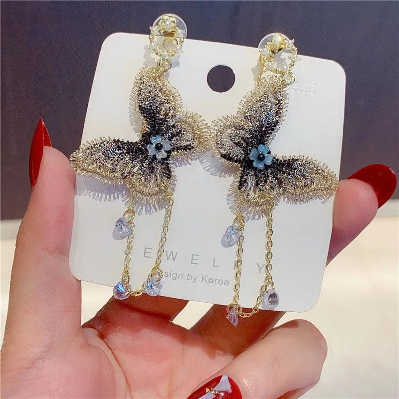 Elegant Embroidery Butterfly Tassel Earrings