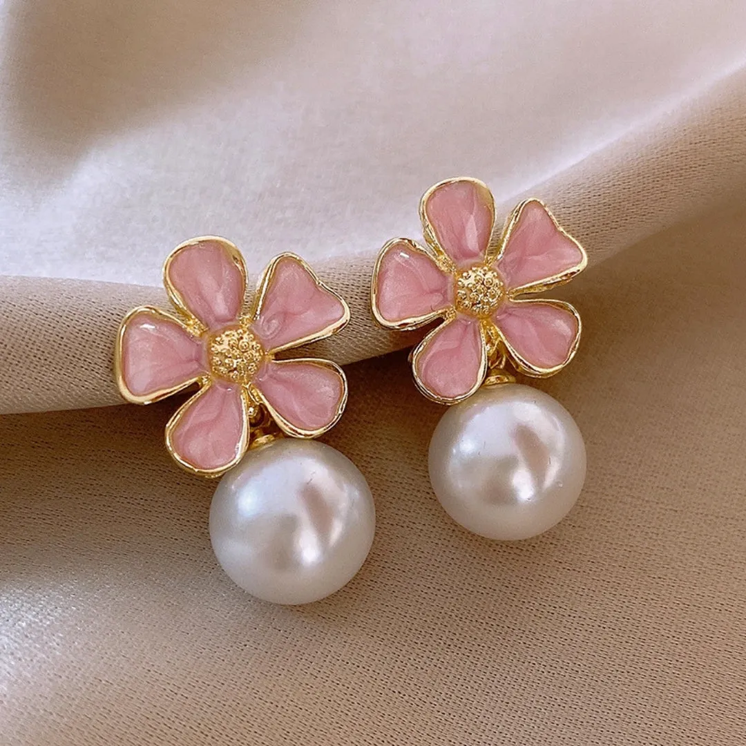 Elegant Pink Flower White Pearl Earring